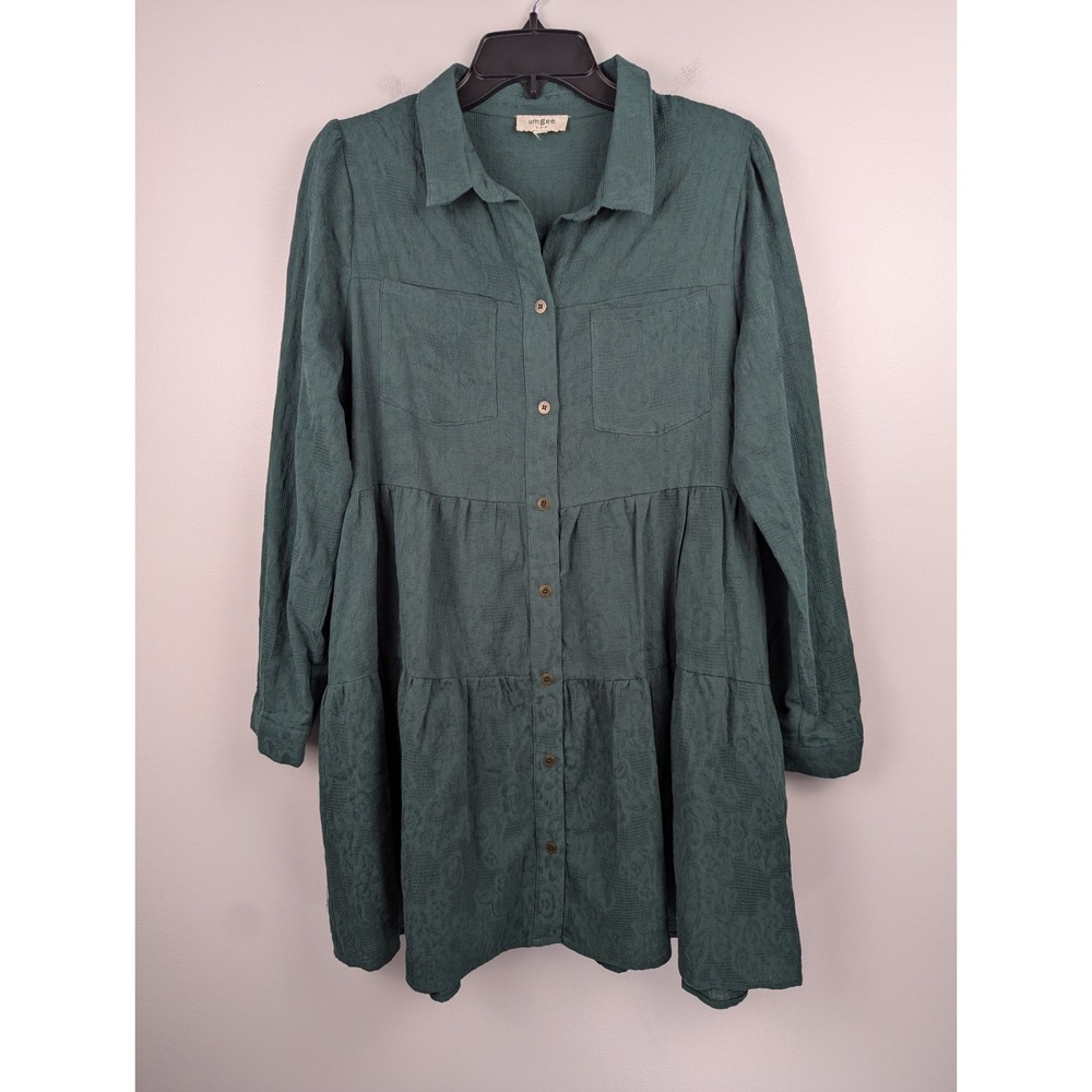 UMGEE Dress Womens‎ M Green Cotton Button Tiered Boho Peasant Ladies Textured